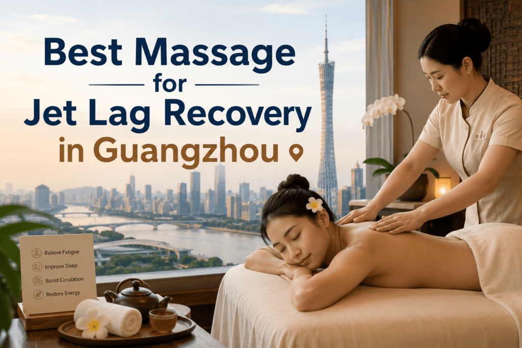 Professional in-room massage therapist treating a guest at a Guangzhou hotel with Canton Tower skyline view, helping relieve fatigue and improve sleep after a long flight