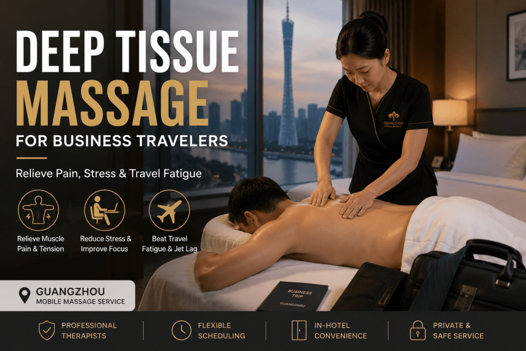 Professional therapist performing deep tissue massage on a business traveler in a Guangzhou hotel room with Canton Tower view
