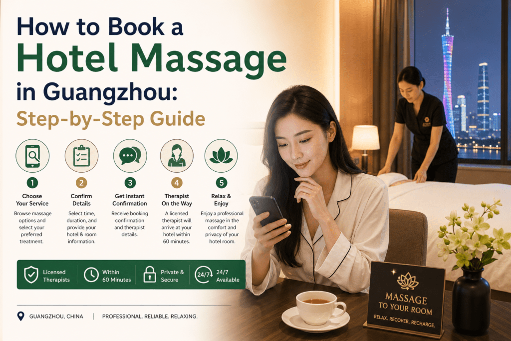 Guest using smartphone to book in-room hotel massage in Guangzhou with therapist arriving at hotel door