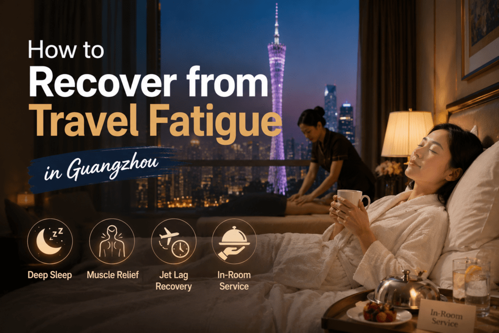 Woman relaxing in Guangzhou hotel room with in-room massage therapist and Canton Tower night view, recovering from travel fatigue