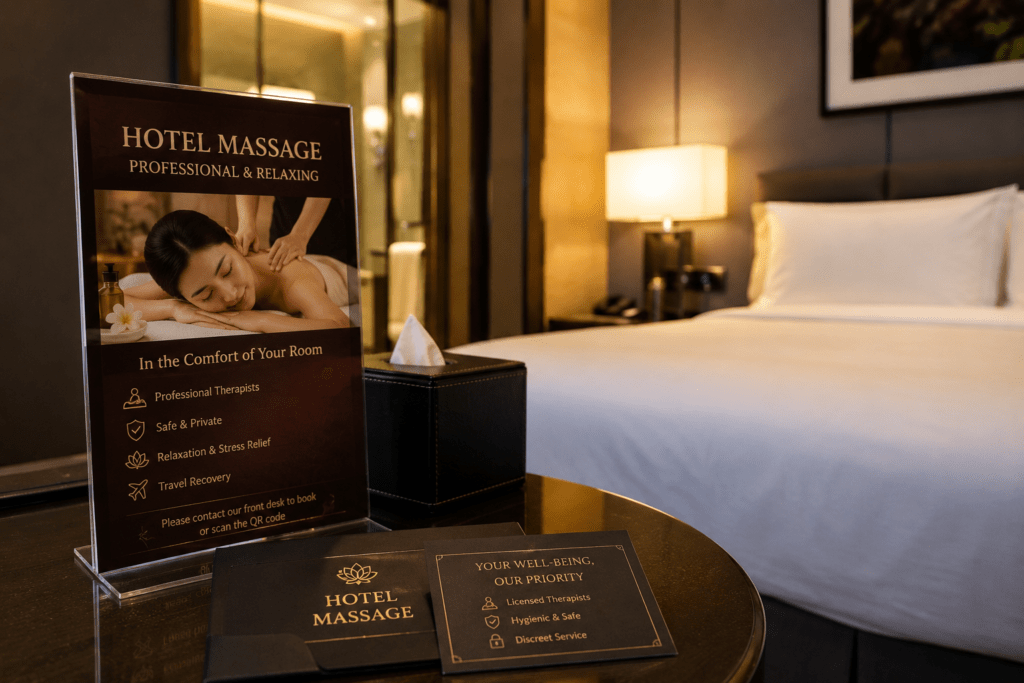 Professional licensed massage therapist in uniform preparing equipment in a clean Guangzhou hotel room