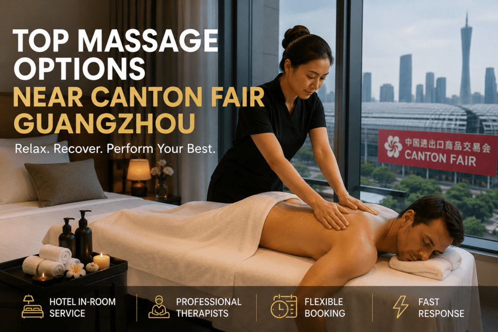 Professional therapist performing in-room back massage for a business traveler at a Guangzhou hotel, with Canton Fair exhibition hall visible through the window