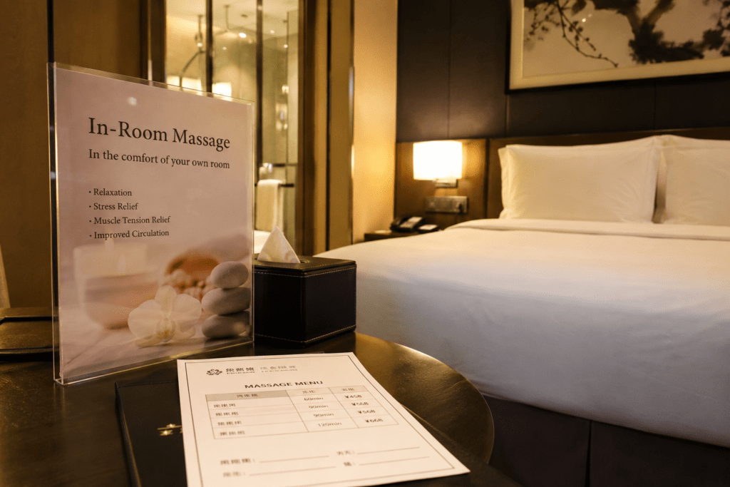 Licensed massage therapist setting up a portable massage table in a Guangzhou hotel room for an in-room massage session