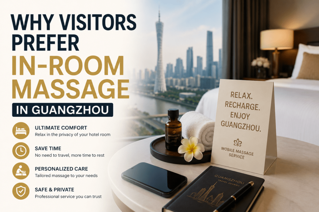 Guangzhou hotel room massage setup with massage oil, towels and Canton Tower view — Why Visitors Prefer In-Room Massage in Guangzhou